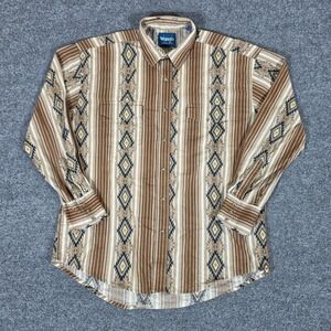 Wrangler Mens Western Shirt Large Brown Aztec Stripe Pearl Snap Long Sleeve